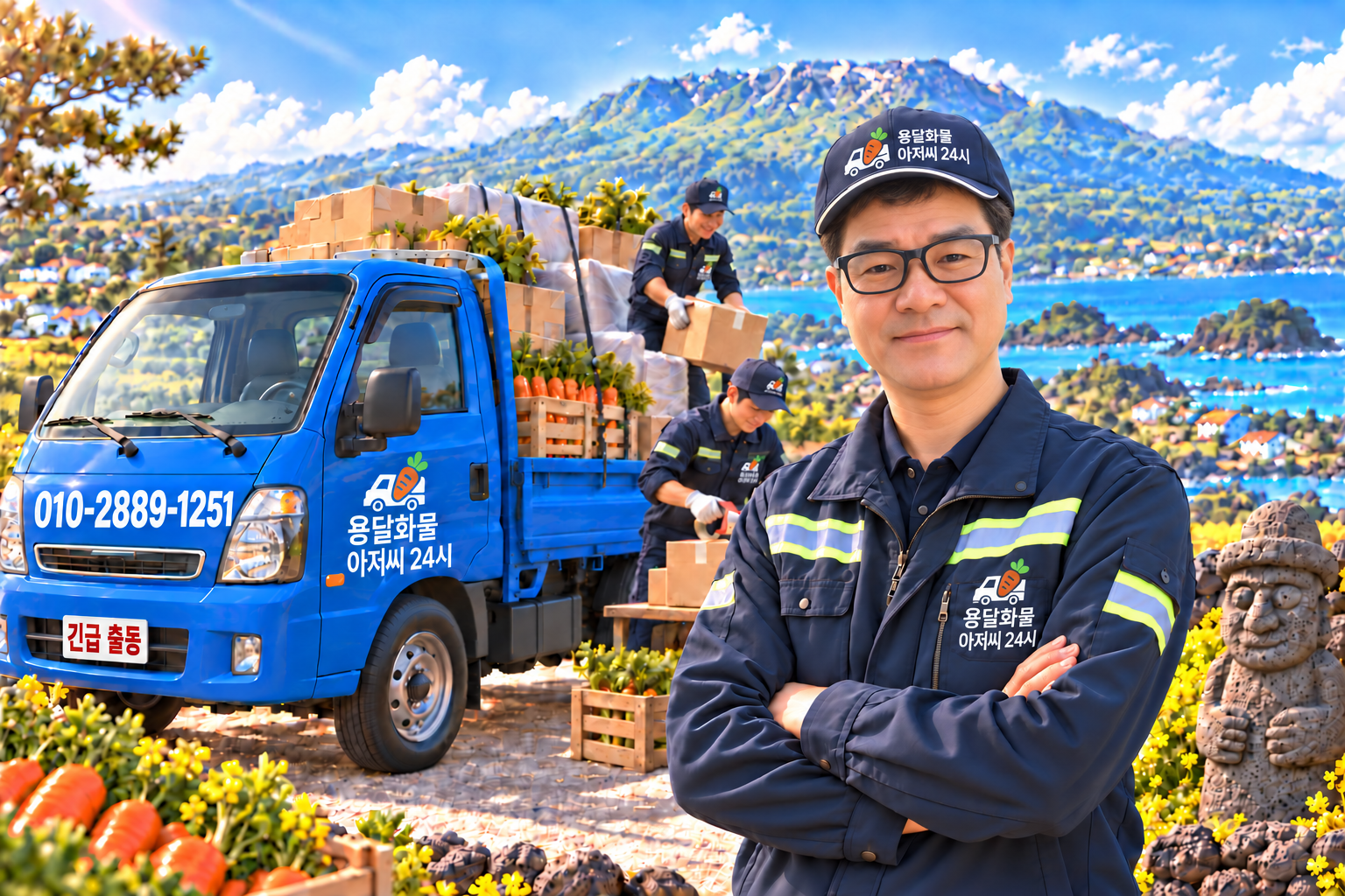 한라산과 제주 바다를 배경으로 파란 용달차와 사장님, 포장·상차 직원, 돌하르방을 담은 브랜드 일러스트